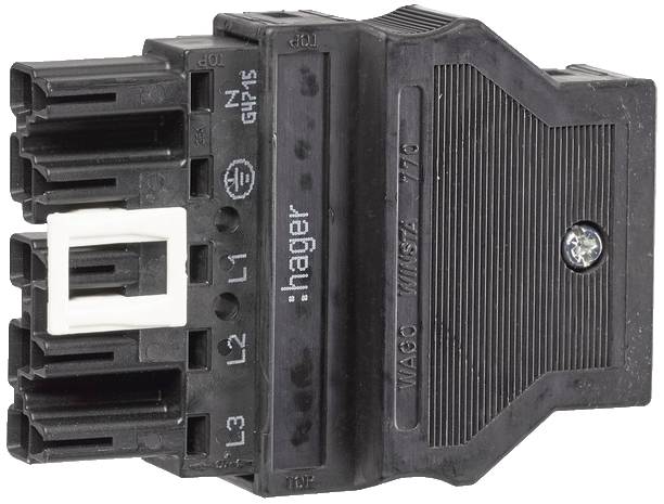 Elektrisches Bauteil: Schwarzer Verbindungsstecker mit mehreren Anschlüssen, Marke 'Hager'.