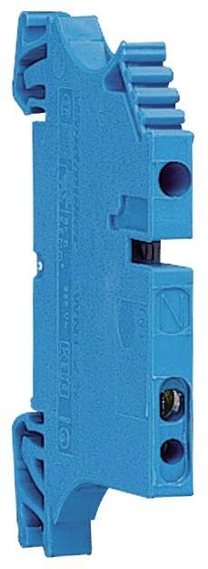 Ein blaues elektrisches Klemmenmodul, vertikal ausgerichtet, zeigt mehrere Anschlüsse und Schraubklemmen.