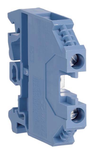Ein blauer, elektrischer Kabelanschlussklemmenblock mit zwei Kabelanschlüssen und seitlichen Montagebefestigungen.