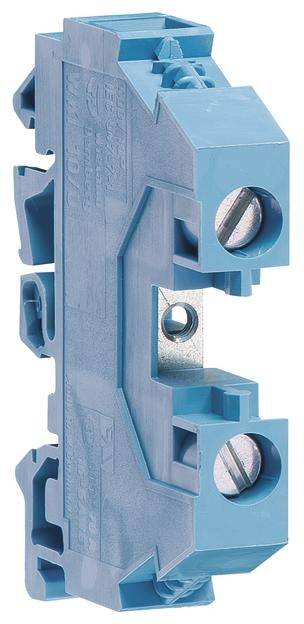 Ein blauer elektrischer Abzweigverbinder mit zwei Schraubanschlüssen. Hauptsächlich für Verdrahtungszwecke verwendet.
