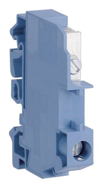 Ein blauer elektrischer Klemmblock mit Metallverbindungen und Schraubklemmen.