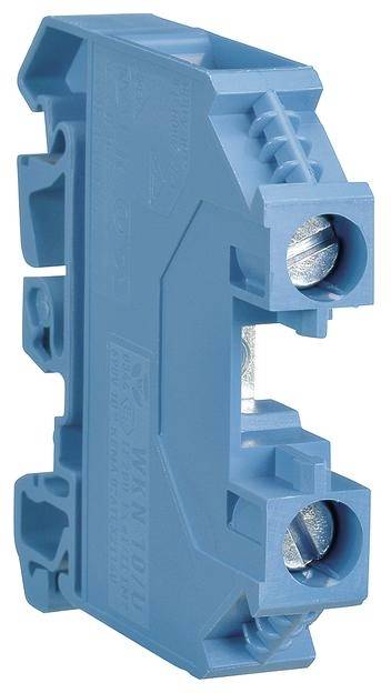 Ein blauer elektrischer Steckverbinder mit zwei Schraubklemmen und einem robusten rechteckigen Gehäuse.