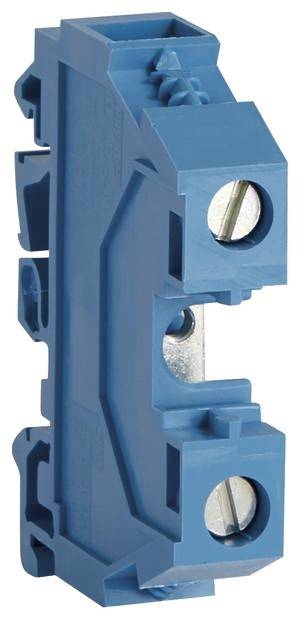 Ein blauer elektrischer Klemmenblock mit zwei Anschlussöffnungen, aus Kunststoff gefertigt, zur sicheren Verbindung von elektrischen Leitungen.