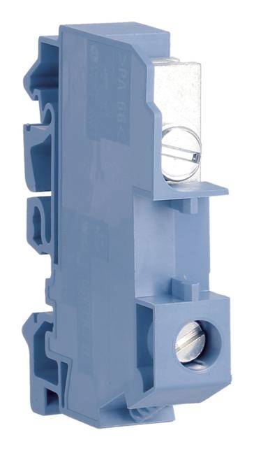 Blauer elektrischer Anschlussblock mit Schraubbefestigung und Metallkontakten, verwendet für modulare Elektroinstallationen.