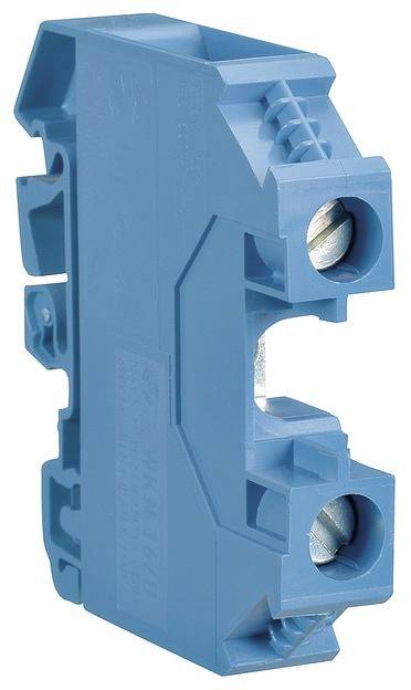 Ein blauer elektrischer Sicherungshalter mit zwei Anschlüssen, verwendet in elektrischen Schaltungen für Schutzfunktionen.