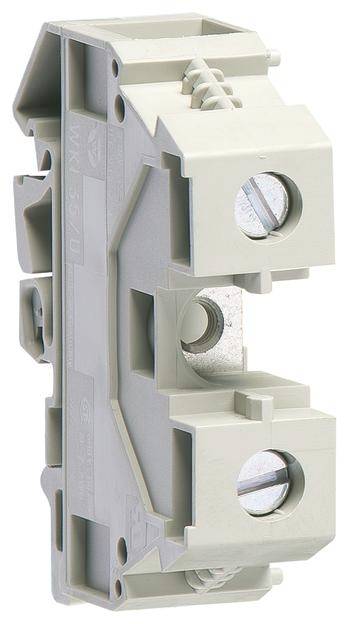 Grauer elektrischer Anschlussblock mit zwei Schraubklemmen, geeignet für die Verbindung von elektrischen Leitungen in Schaltschränken.