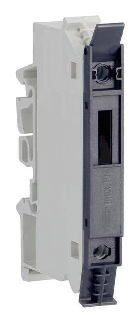 Ein grauer, elektrischer Schutzschalter mit schwarzem Hebel in seitlicher Ansicht. Der Hebel befindet sich in der Ein-Position.
