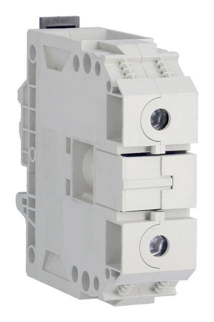 Ein weißer elektrischer Sicherungsautomat in der seitlichen Ansicht, verwendet zur Unterbrechung von Stromkreisen in elektrischen Anlagen.