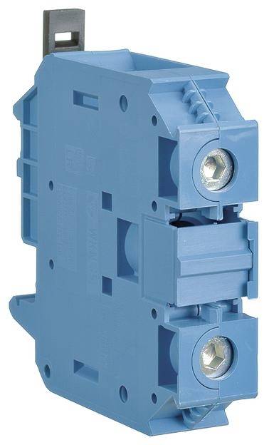 Ein blauer elektrischer Sicherungsautomat mit zwei silbernen Schraubanschlüssen, vertikal ausgerichtet, vor weißem Hintergrund.