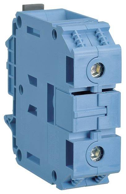 Ein blauer elektrischer Leitungsschutzschalter mit zwei Anschlüssen, typisch für elektrische Schaltkreise, auf weißem Hintergrund.