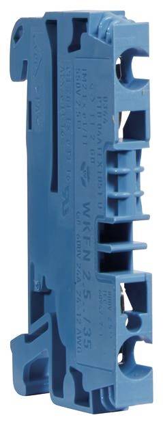Ein blauer elektrischer Sicherungsblock, vertikal ausgerichtet, mit mehreren Anschlussklemmen.