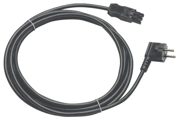 Ein langes schwarzes Stromkabel mit einem Schuko-Stecker an einem Ende und einem speziellen Stecker am anderen Ende. Geeignet für Elektrogeräte.