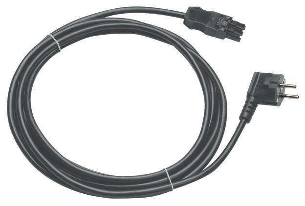 Ein schwarzes Netzkabel mit einem europäischen Stecker auf der einen Seite und einem speziellen Anschluss auf der anderen Seite.