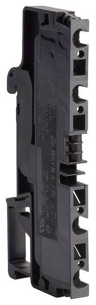 Ein schwarzes Kunststoffteil mit mehreren Öffnungen und Clips, möglicherweise ein elektrisches Bauteil oder Adapter, vertikal ausgerichtet.