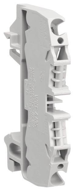 Grauer, modularer Klemmenblock, seitlich gesehen. Hat zwei Klemmen an den Enden und Aufdrucke auf der Seite. Verwendet in elektrischen Schaltungen.