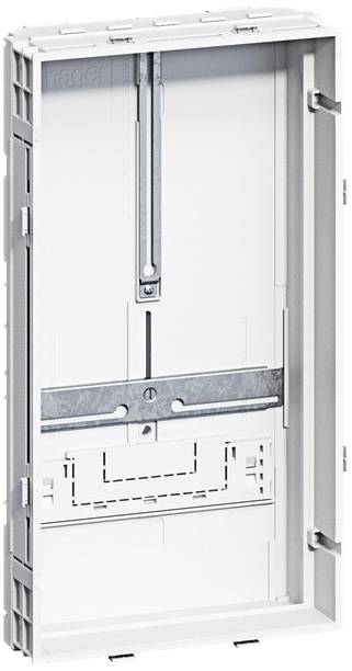 Ein leerer, weißer Verteilerkasten mit Metallstreben und verschiedenen Befestigungspunkten, geeignet für die Installation elektronischer Komponenten.
