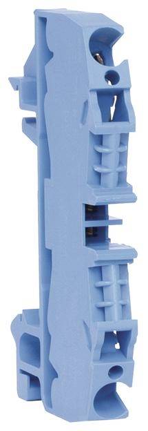 Blauer elektrischer Isolator, vertikal aufgestellt, mit offenen Klemmen. Verwendung in elektrischen Schaltungen zur Isolierung.