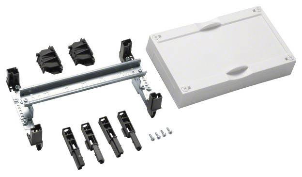 Ein Installationsset mit weißen und schwarzen Komponenten, Metallhalterung und Schrauben, bereit zur Montage.