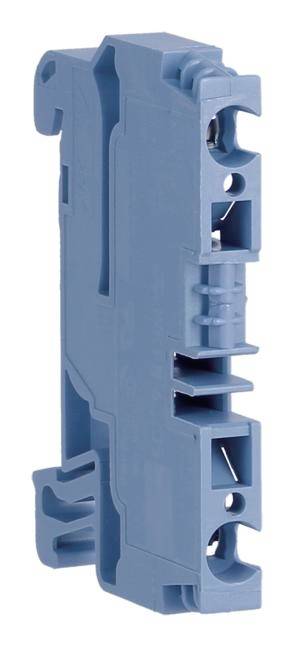 Elektronische blaue Klemme, seitliche Ansicht, für elektrische Verkabelung, mit mehreren Anschlusspunkten oben und unten.