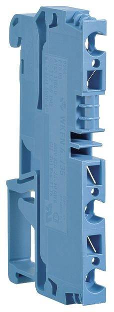 Ein blauer mechanischer oder elektrischer Schalter, montierbar, mit mehreren Öffnungen und Aufschriften auf der Oberfläche.