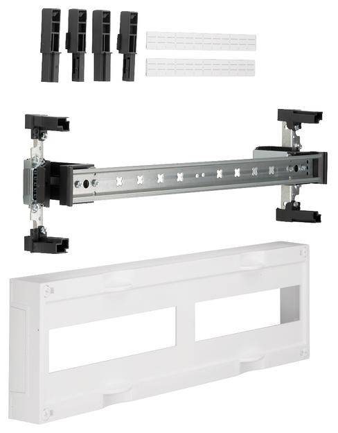 Kabel- oder Verteilerleisten-Bausatz mit zwei 12-moduligen DIN-Schienen, Endabdeckungen und Beschriftungsstreifen zur Montage von elektrischen Komponenten.