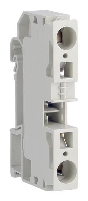 Graues Klemmengehäuse mit Anschlussöffnungen oben und unten, geeignet für elektrische Verbindungen in Schaltgeräten.
