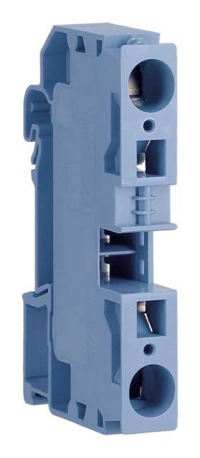 Ein blauer, rechteckiger elektrischer Steckverbinder mit zwei runden Öffnungen und Metallkontakten.