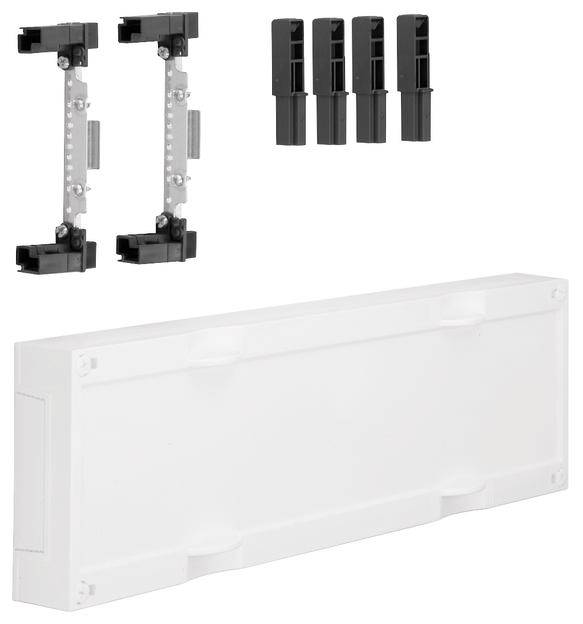 Ein Montageset mit zwei Schienen, vier Steckverbindern und einer weißen Abdeckplatte, geeignet zur Installation von Elektrobauteilen.