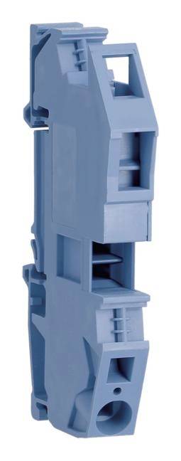 Blauer, rechteckiger Kunststoffhalter, vermutlich ein elektrisches Bauteil oder Gehäuse, mit mehreren Lüftungsschlitzen und Befestigungspunkten.