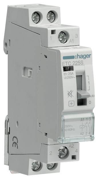 Grau-weißer elektronischer Stromstoßschalter von Hager, Modell ETC 225S, mit Schaltern und Anschlüssen, verwendet für elektrische Steuerung.