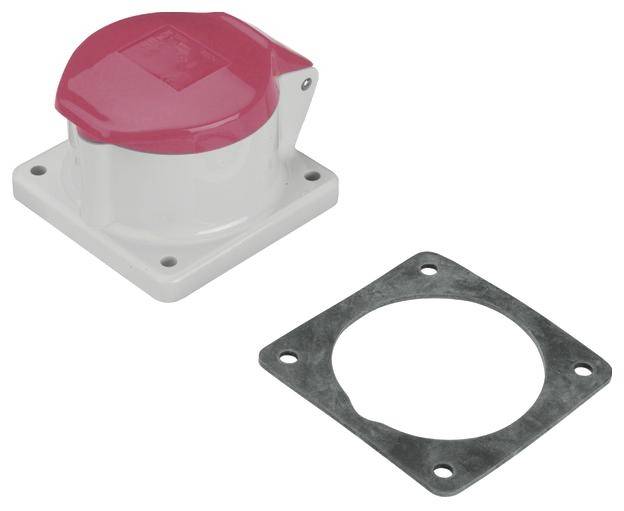 Steckdosenabdeckung mit roter Klappe neben einer viereckigen Metallplatte mit rundem Innenausschnitt.