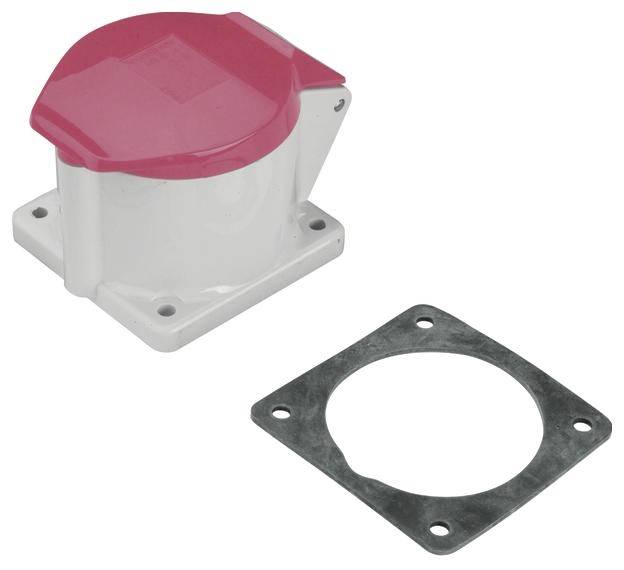Industriesteckdose mit roter Abdeckung und rechteckiger Befestigungsplatte. Geeignet für industrielle Anwendungen und Elektroinstallationen.