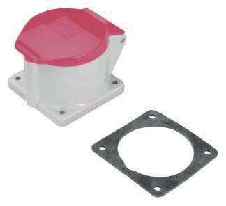 Industrie-Steckdose mit rotem Schutzdeckel und passender Metallplatte. Geeignet für industrielle elektrische Verbindungen.