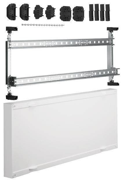 Bauteile eines Installationskastens: zwei Metallstreben, Abdeckplatte, Montageteile. Zur Gebäude- oder Elektrikinstallation.