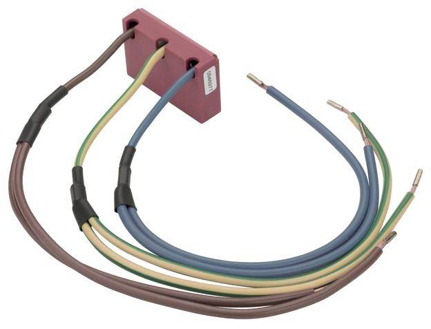 Ein rosa Adapter mit fünf farbigen Kabeln: braun, gelb-grün, blau, gelb, braun. Die Kabel sind an einem rechteckigen Gehäuse befestigt.