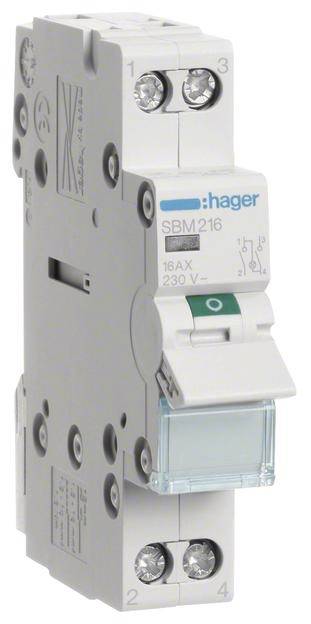 Ein elektrischer Schalter von Hager, Modell SBM 216, 16AX, 230V, mit Kippschalter und Schraubklemmen für elektrische Installationen.
