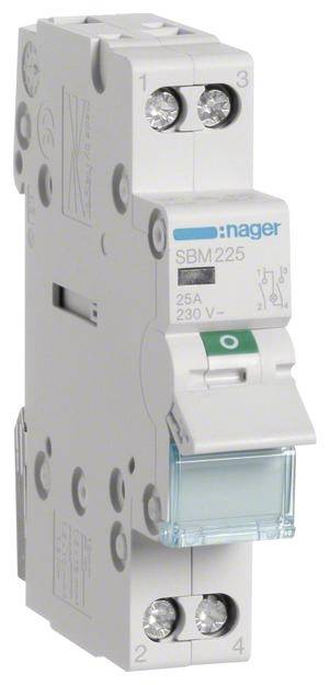 Leistungsschalter mit der Aufschrift 'nager SBM225', 25A, 230V, weiße Struktur, grüne und blaue Schalterelemente.