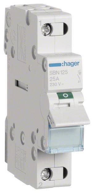 Ein weißer, modularer Schutzschalter von Hager mit der Aufschrift 'SBN 125 25A 230V', geeignet für elektrische Installationen.