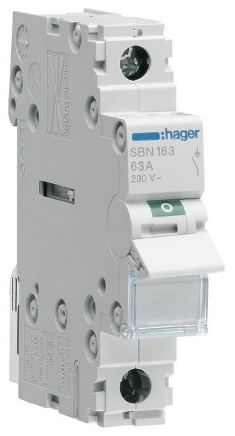 Sicherungsautomat von Hager, Modell SBN 163, 63 Ampere, 230 Volt, in Weiß. Ansicht zeigt Schalter und technische Details.