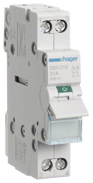 Leistungsschalter von Hager, Modell SBN 216, 25A, 230V. Weiße, schmale Bauform mit grüner Schalterpositionanzeige.