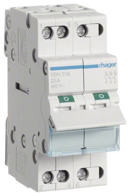 Ein zweipoliger Leistungsschalter der Marke Hager, Modell SBN 316, mit einer Nennstromstärke von 25A und einer Spannung von 400V.