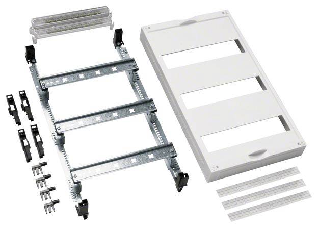 Montageset für Unterputz-Verteiler: Metallrahmen, Abdeckplatte mit Ausschnitten, Halteklammern und Befestigungselemente.