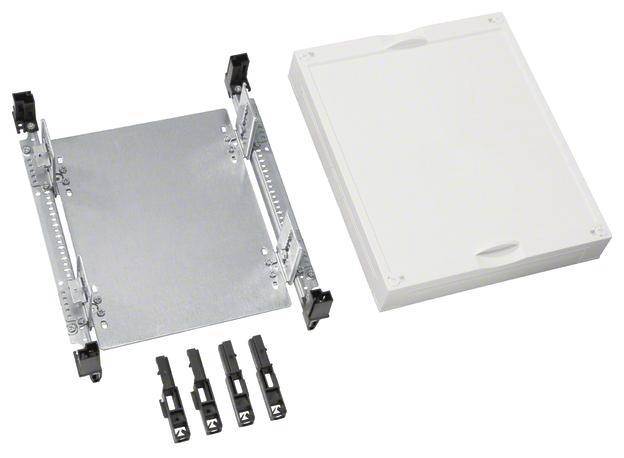 Metallrahmen und weiße Abdeckung eines Unterputzgehäuses, mit vier schwarzen Clips zur Befestigung. Geeignet für Elektroinstallationen.