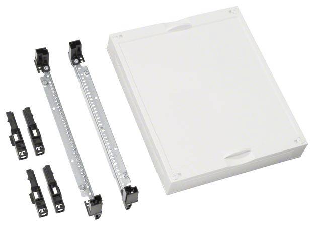Enthaltenes Montageset mit einem weißen rechteckigen Gehäuse und mehreren schwarzen Befestigungsclips. Geeignet für Elektrokabelinstallationen.