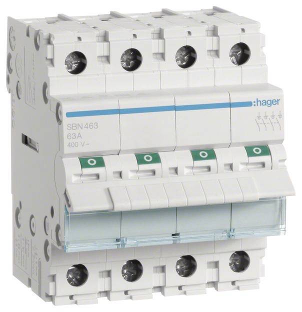 Ein dreipoliger Leitungsschutzschalter der Marke Hager, geeignet für 63A Stromstärke und 400V Spannung, abgebildet von der Seite.