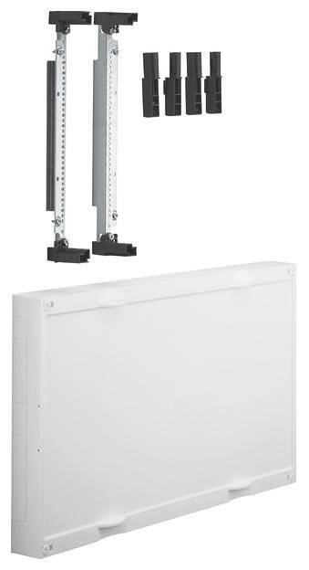 Elektronische Geräteabdeckung mit Halterungen und Clips, zur Wandmontage geeignet.