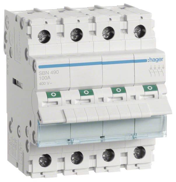 Ein elektrischer Leistungsschalter mit der Beschriftung 'SBN 490 100A 400V~' auf der Vorderseite. Er verfügt über vier Kippschalter.