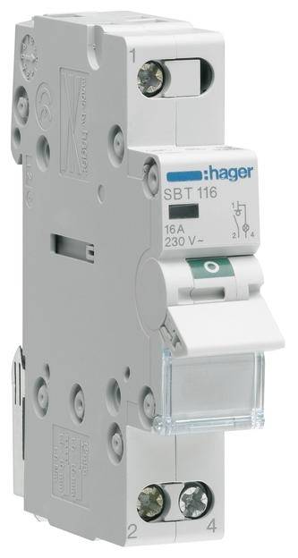 Ein 16A-Schutzschalter von Hager mit der Aufschrift 'SBT 116', geeignet für 230V, zur Absicherung elektrischer Stromkreise.