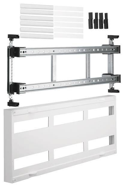 Montage-Set für Schubladensystem, bestehend aus zwei Schienenpaaren, fünf Abdeckkappen und einem weißen Frontpanel.