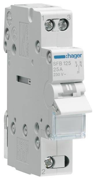 Leistungsschalter von Hager, Modell SFB125, Nennstrom 25 A, Spannung 230 V, in standardisiertem Kunststoffgehäuse.